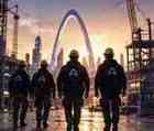 Four builders in black Arc hoodies and yellow hard hats walking toward a glowing Arc arch at golden hour