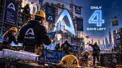 Epic Arc construction scene with Builders crew, USDC crates, scaffolding, and glowing Arc monument